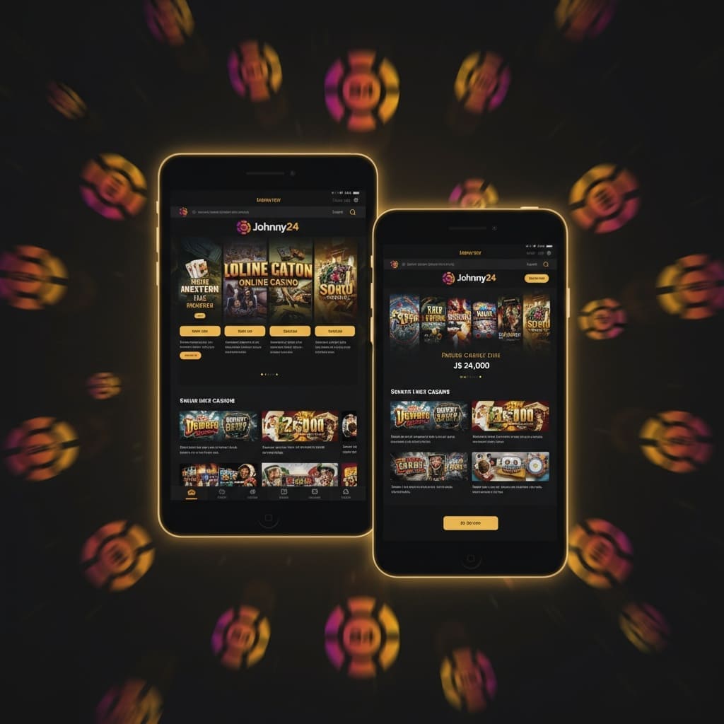 Johnny24 mobile casino application displayed on two smartphones showcasing slot games selection, jackpot amounts and user-friendly interface with casino chips floating in background