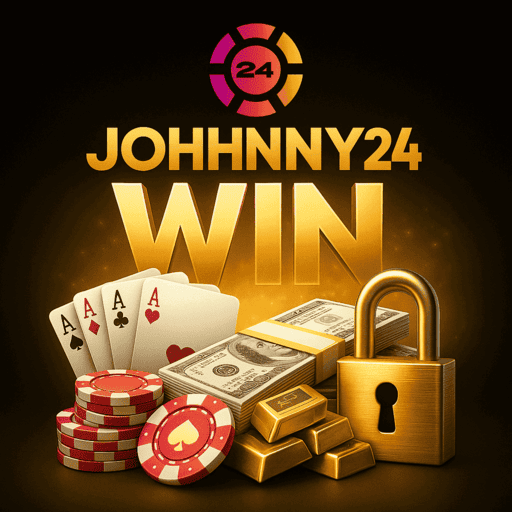 Johhnny24 online casino winning banner featuring playing cards, poker chips, cash bundles, gold bars and secure padlock symbolizing safe gambling and big wins